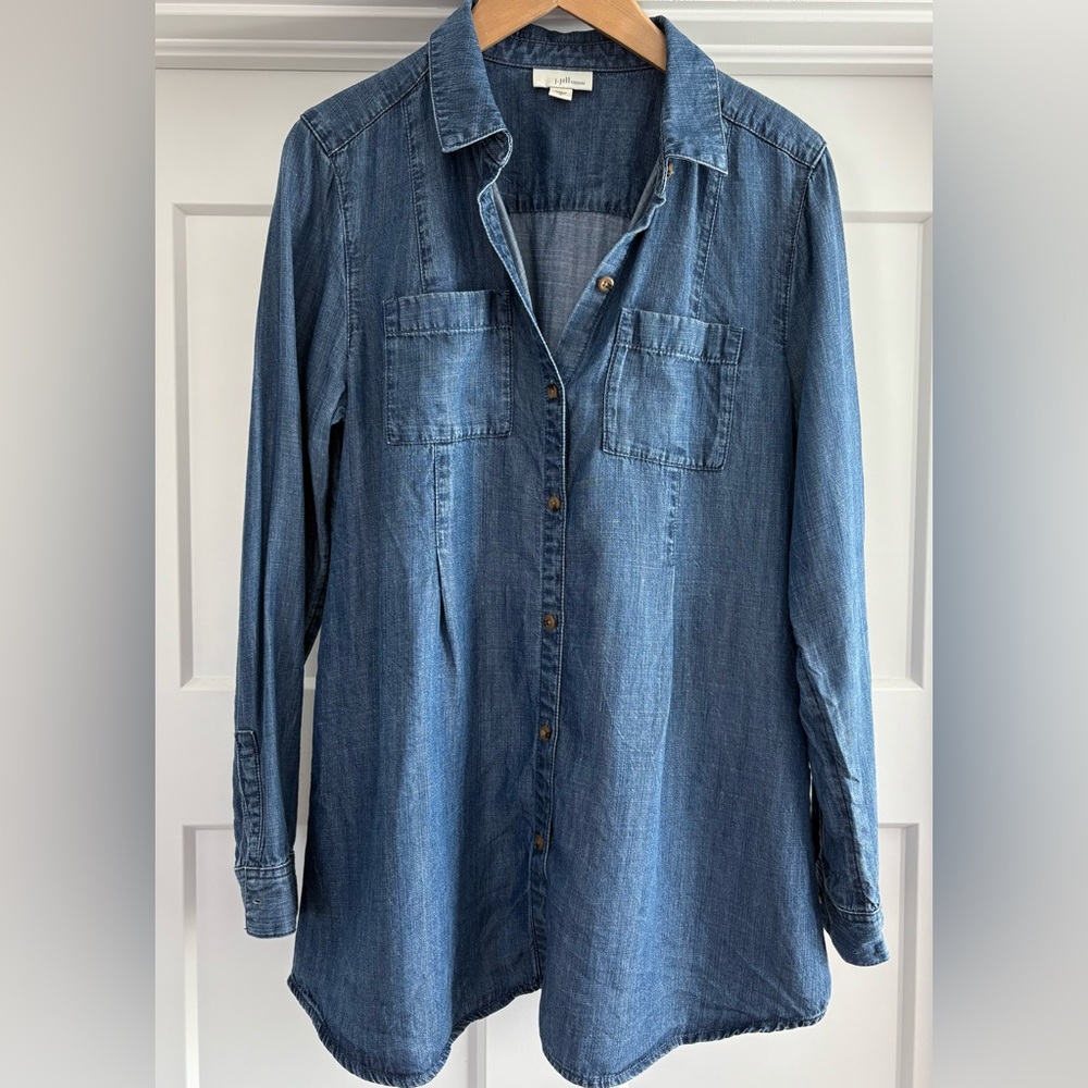 J Jill Size Small Denim Pocket Button Front Long Sleeve Tunic Princess Seams Top